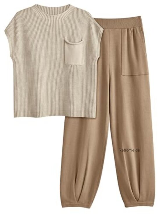 Pants - Women's Cotton 2-Piece Lounge Set Crew Neck Crewneck Knit Travel Sweatsuit